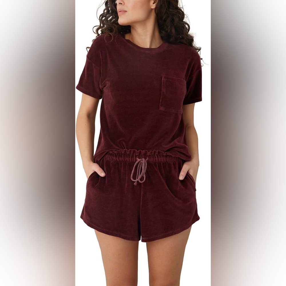 Bella Dahl Velour Short Sleeve Pocket T-Shirt In Wildberry sz Large